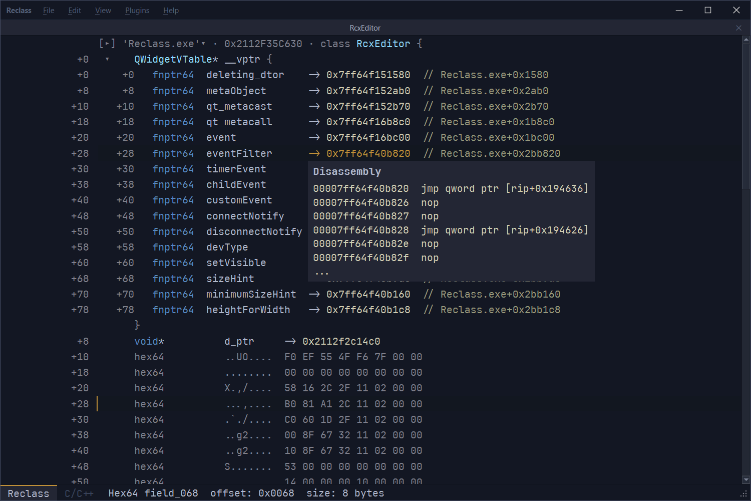 VTable pointer expansion with disassembly preview