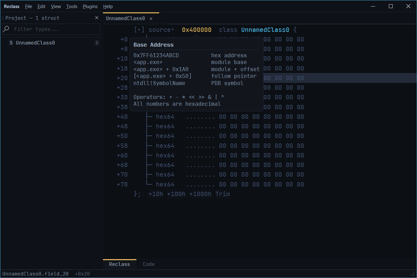 Base address tooltip with expression cheat sheet
